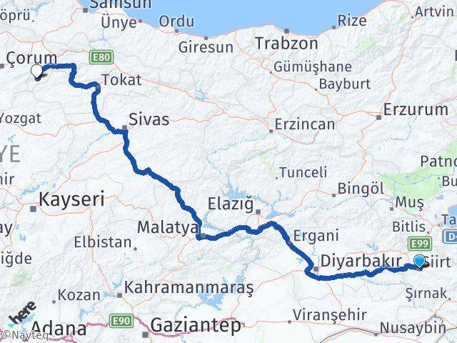 Siirt Göynücek Amasya Arası Kaç Km - Yol Haritası
