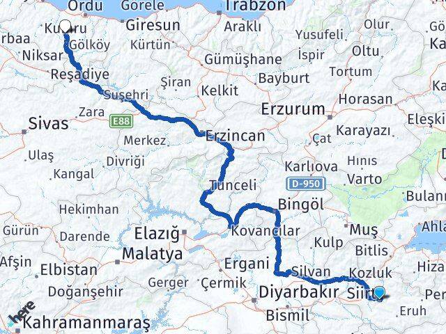 Siirt Gürgentepe Ordu Arası Kaç Km - Yol Haritası