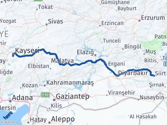 Siirt Hacılar Kayseri Arası Kaç Km - Yol Haritası