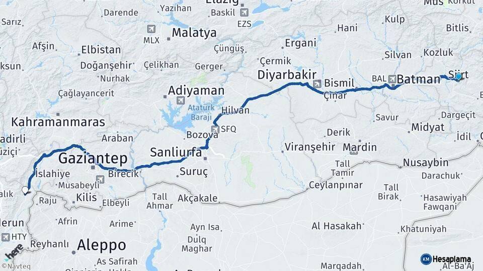 Siirt Hassa Hatay Arası Kaç Km - Yol Haritası