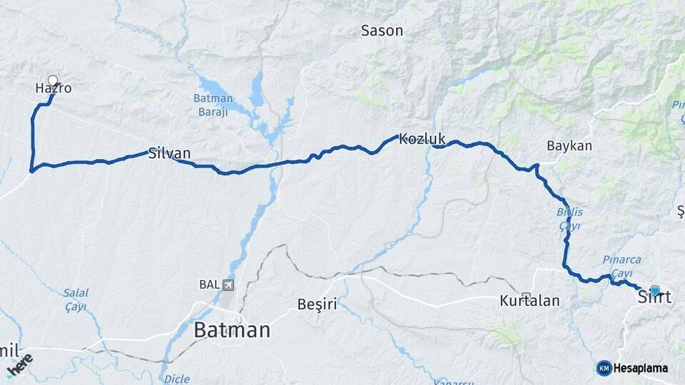 Siirt Hazro Diyarbakır Arası Kaç Km - Yol Haritası