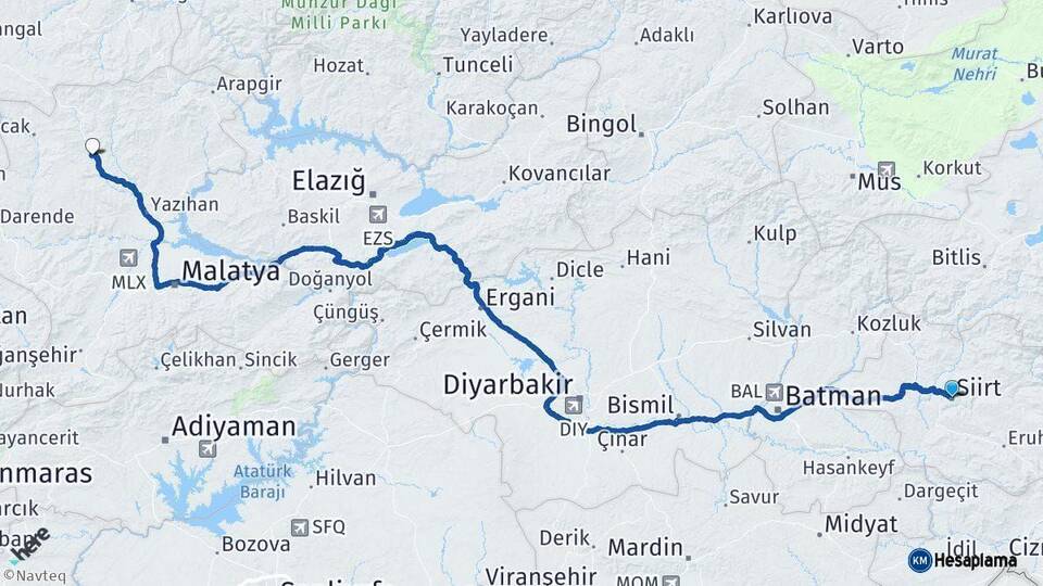 Siirt Hekimhan Malatya Arası Kaç Km - Yol Haritası