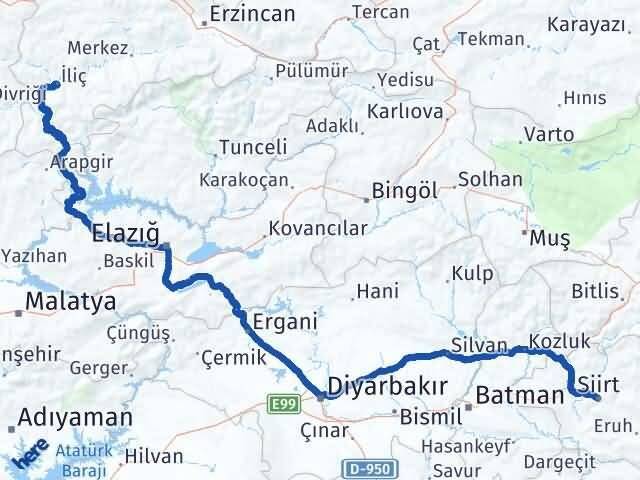 Siirt İliç Erzincan Arası Kaç Km - Yol Haritası