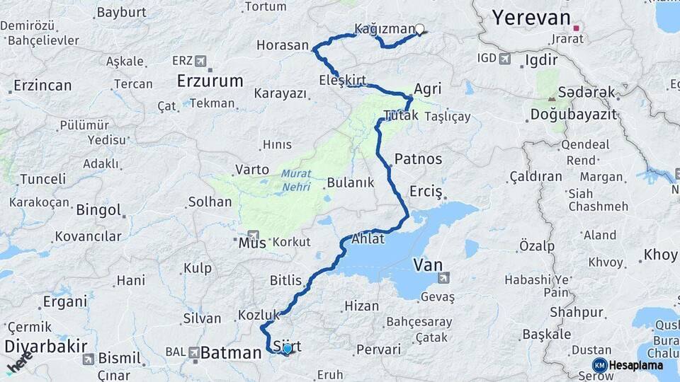 Siirt Kağızman Kars Arası Kaç Km - Yol Haritası