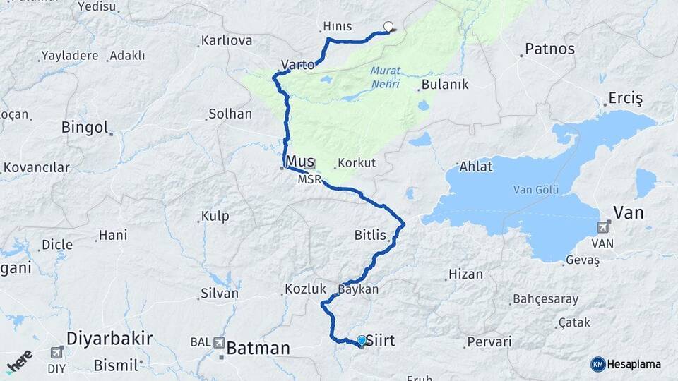 Siirt Karaçoban Erzurum Arası Kaç Km - Yol Haritası