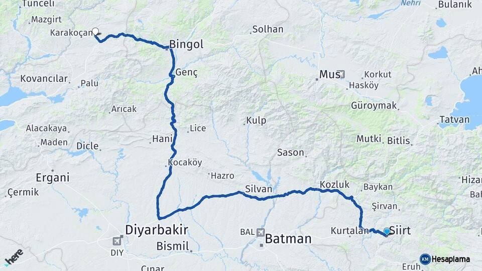 Siirt Karakoçan Elazığ Arası Kaç Km - Yol Haritası