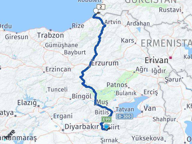 Siirt Kemalpaşa Artvin Arası Kaç Km - Yol Haritası