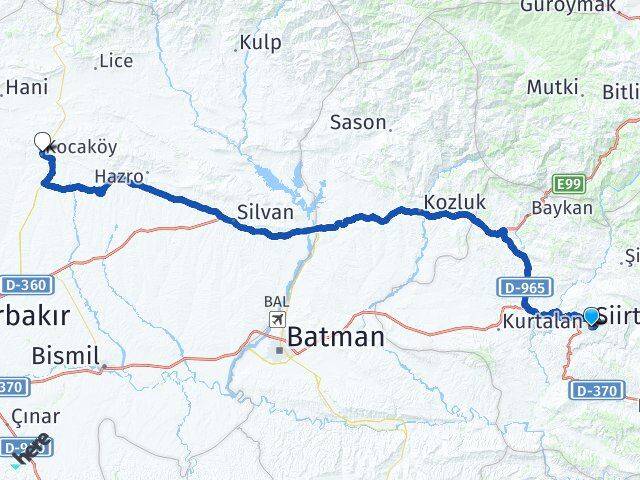 Siirt Kocaköy Diyarbakır Arası Kaç Km - Yol Haritası