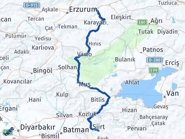 Siirt Köprüköy Erzurum Arası Kaç Km - Yol Haritası