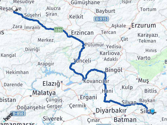 Siirt Koyulhisar Sivas Arası Kaç Km - Yol Haritası