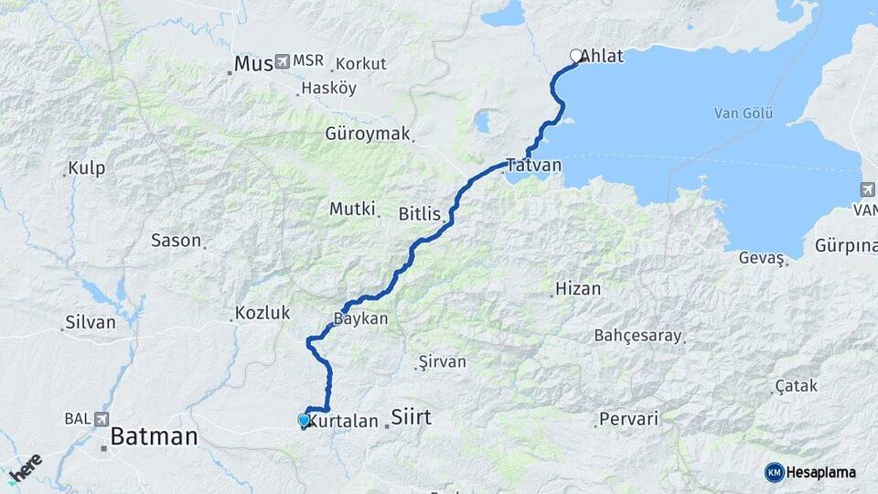 Siirt Kurtalan Ahlat Bitlis Arası Kaç Km - Yol Haritası