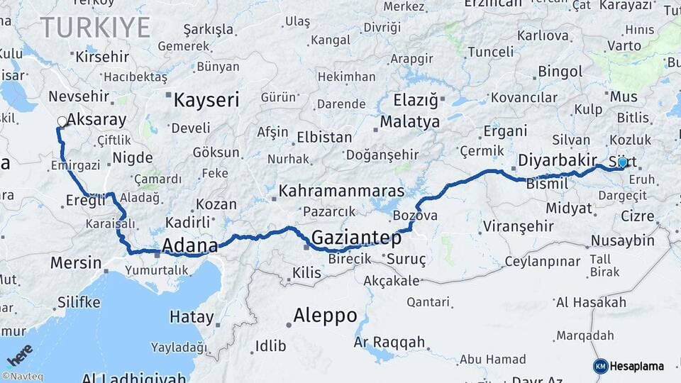 Siirt Kurtalan Aksaray Arası Kaç Km - Yol Haritası