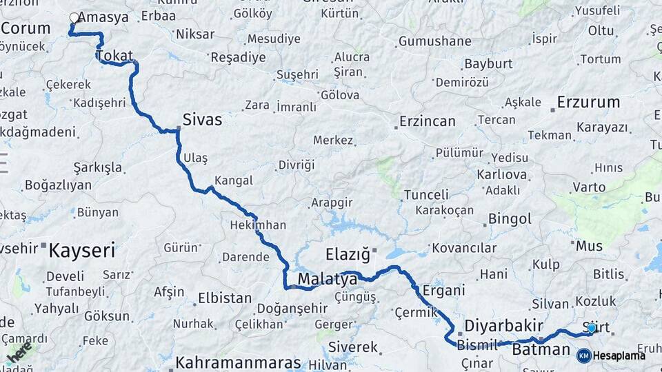 Siirt Kurtalan Amasya Arası Kaç Km - Yol Haritası