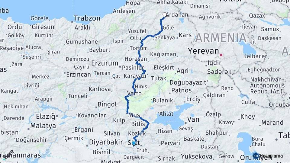 Siirt Kurtalan Ardahan Arası Kaç Km - Yol Haritası
