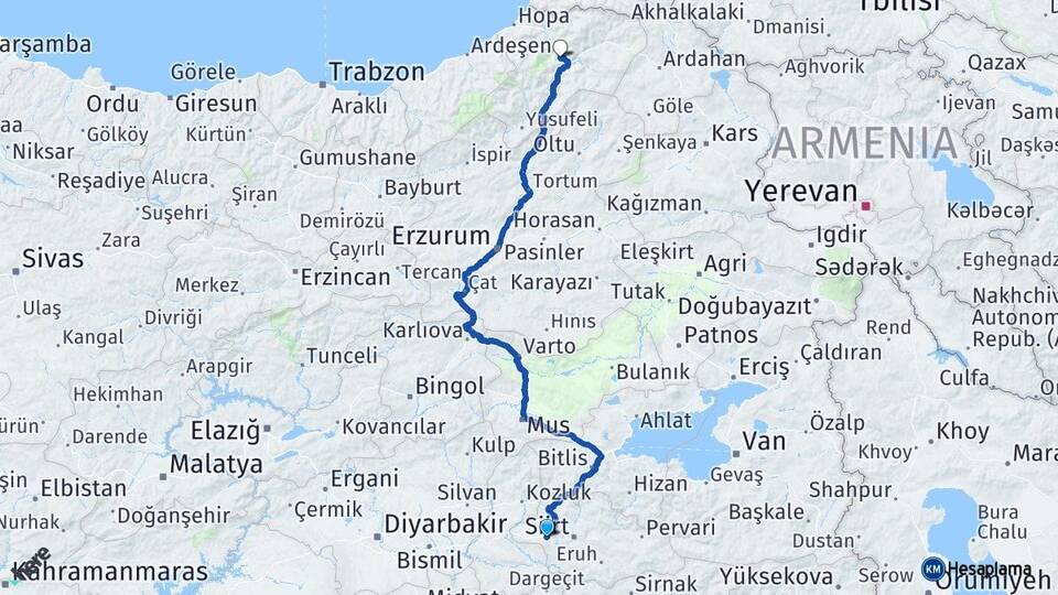 Siirt Kurtalan Artvin Arası Kaç Km - Yol Haritası