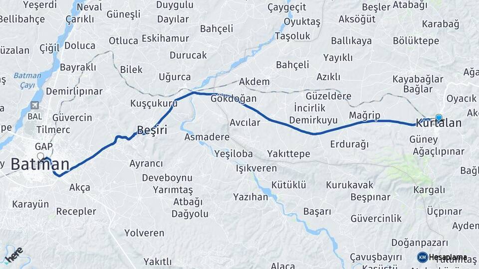 Siirt Kurtalan Batman Arası Kaç Km - Yol Haritası