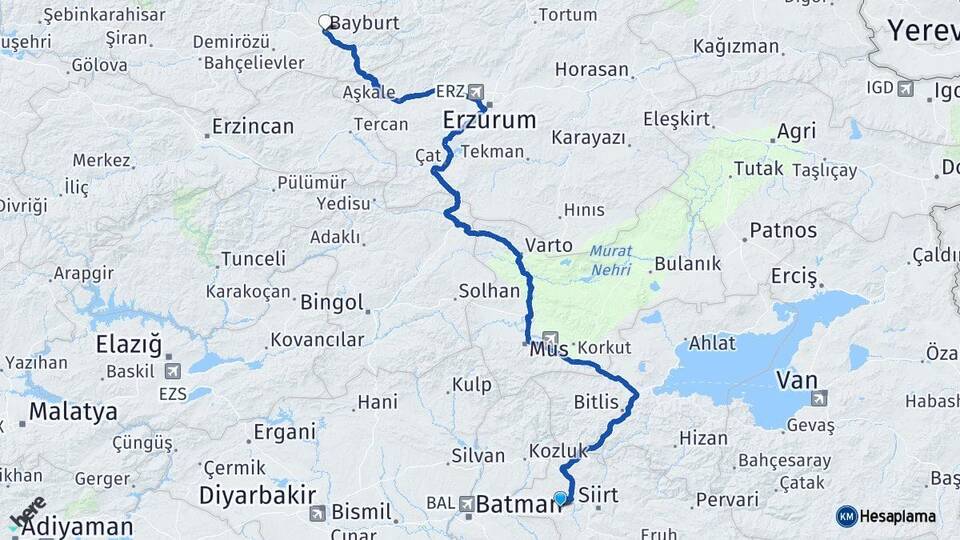 Siirt Kurtalan Bayburt Arası Kaç Km - Yol Haritası