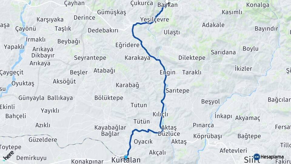 Siirt Kurtalan Baykan Arası Kaç Km - Yol Haritası