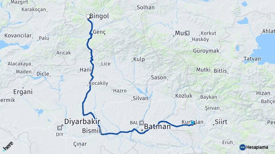 Siirt Kurtalan Bingöl Arası Kaç Km - Yol Haritası