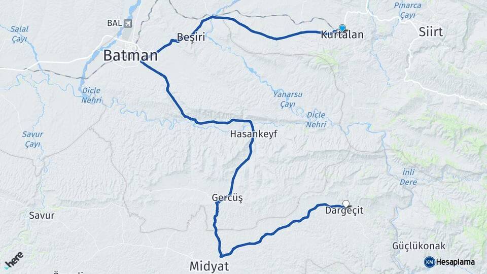 Siirt Kurtalan Dargeçit Mardin Arası Kaç Km - Yol Haritası