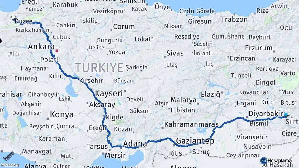 Siirt Kurtalan Düzce Arası Kaç Km - Yol Haritası