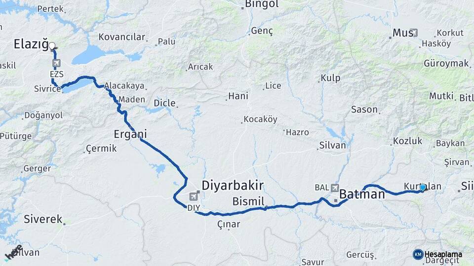 Siirt Kurtalan Elazığ Arası Kaç Km - Yol Haritası