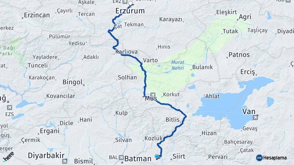 Siirt Kurtalan Erzurum Arası Kaç Km - Yol Haritası
