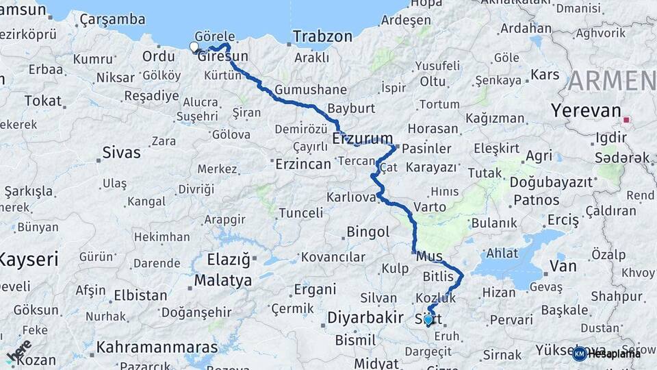 Siirt Kurtalan Giresun Arası Kaç Km - Yol Haritası