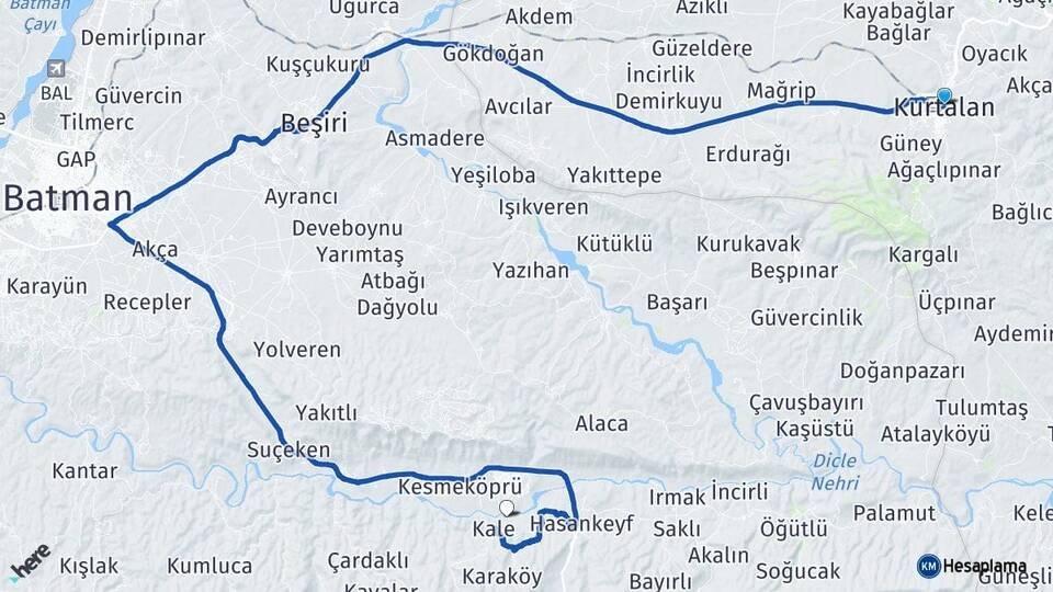 Siirt Kurtalan Hasankeyf Batman Arası Kaç Km - Yol Haritası