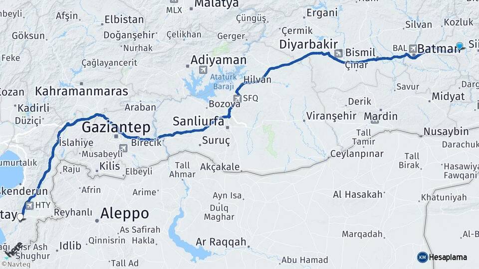 Siirt Kurtalan Hatay Arası Kaç Km - Yol Haritası