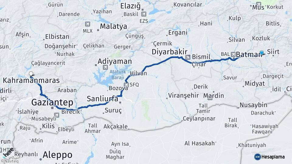 Siirt Kurtalan Kahramanmaraş Arası Kaç Km - Yol Haritası
