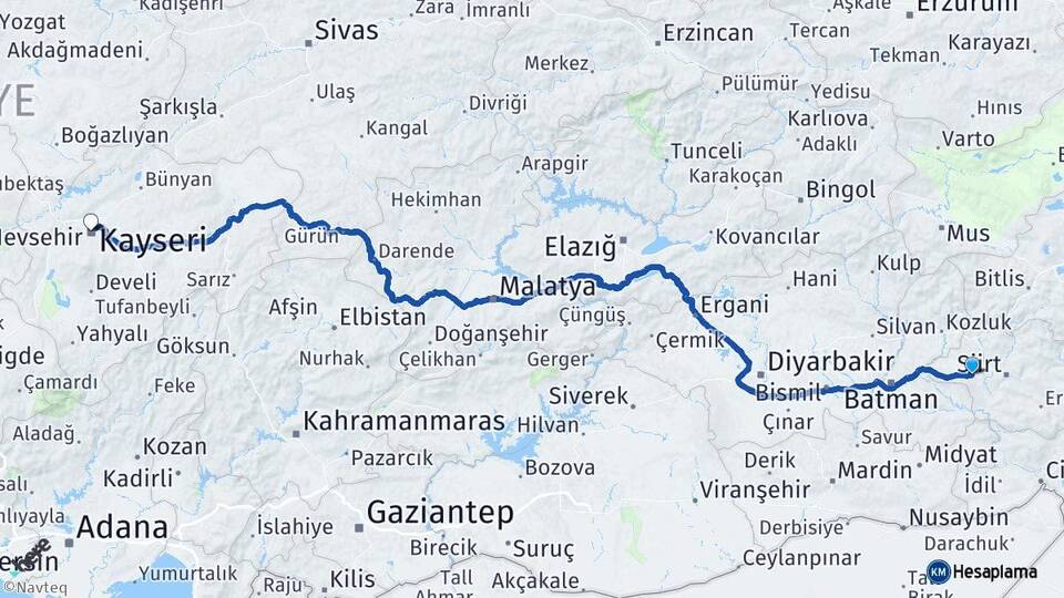 Siirt Kurtalan Kayseri Arası Kaç Km - Yol Haritası