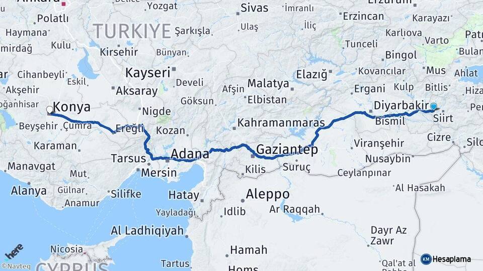 Siirt Kurtalan Konya Arası Kaç Km - Yol Haritası
