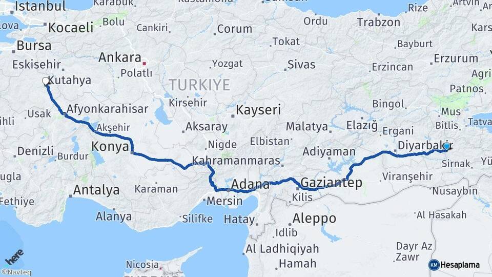 Siirt Kurtalan Kütahya Arası Kaç Km - Yol Haritası