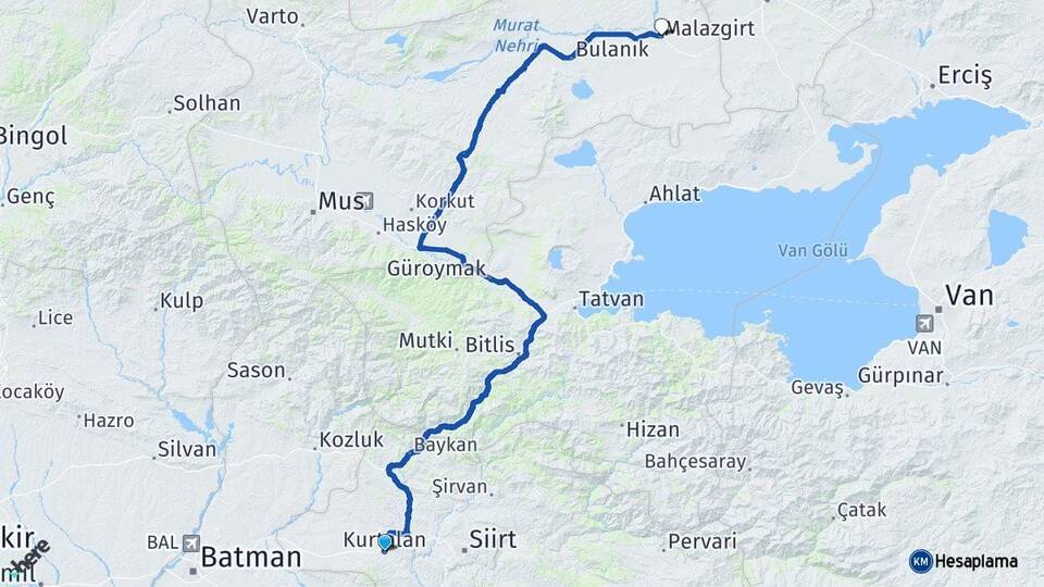 Siirt Kurtalan Malazgirt Muş Arası Kaç Km - Yol Haritası