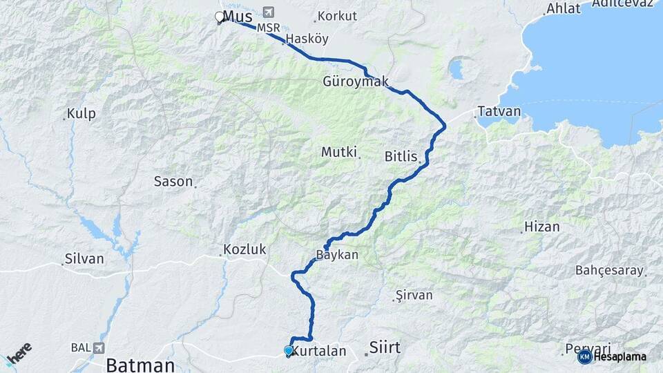 Siirt Kurtalan Muş Arası Kaç Km - Yol Haritası