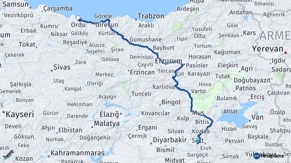 Siirt Kurtalan Ordu Arası Kaç Km - Yol Haritası