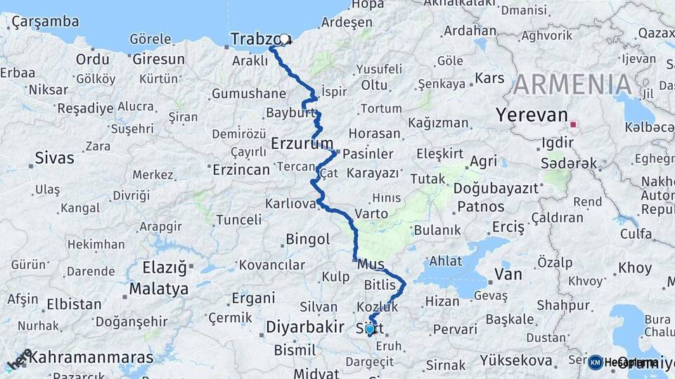 Siirt Kurtalan Rize Arası Kaç Km - Yol Haritası
