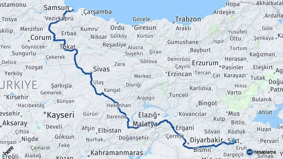 Siirt Kurtalan Samsun Arası Kaç Km - Yol Haritası