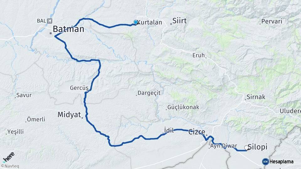 Siirt Kurtalan Silopi Şırnak Arası Kaç Km - Yol Haritası