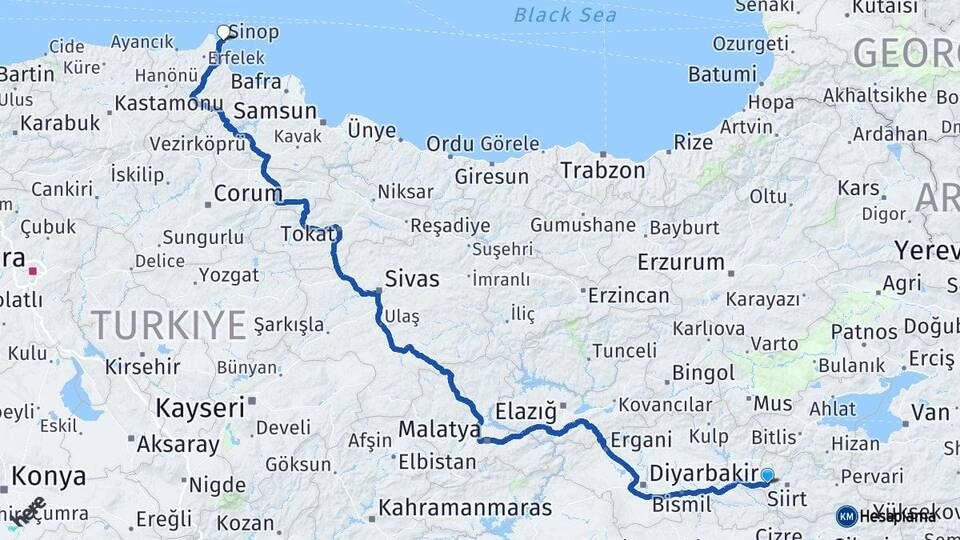 Siirt Kurtalan Sinop Arası Kaç Km - Yol Haritası
