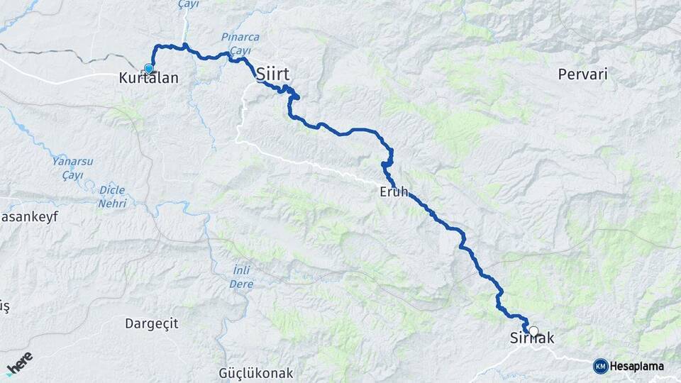 Siirt Kurtalan Şırnak Arası Kaç Km - Yol Haritası