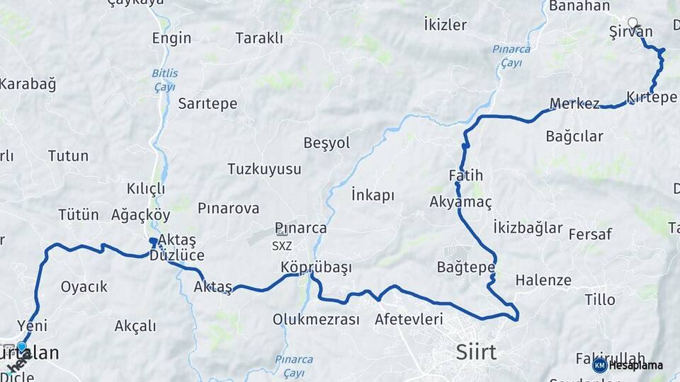 Siirt Kurtalan Şirvan Arası Kaç Km - Yol Haritası