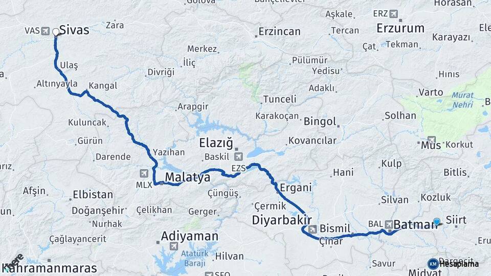 Siirt Kurtalan Sivas Arası Kaç Km - Yol Haritası
