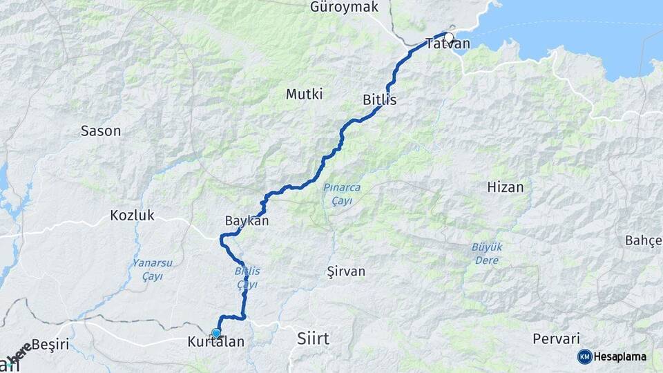 Siirt Kurtalan Tatvan Bitlis Arası Kaç Km - Yol Haritası
