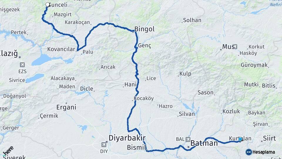 Siirt Kurtalan Tunceli Arası Kaç Km - Yol Haritası