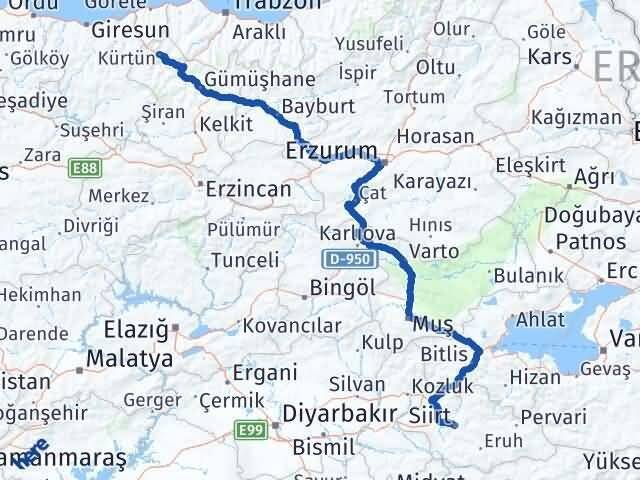 Siirt Kürtün Gümüşhane Arası Kaç Km - Yol Haritası