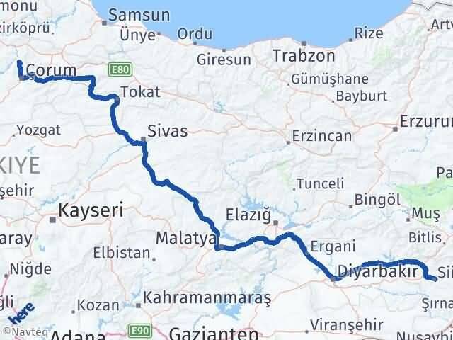 Siirt Laçin Çorum Arası Kaç Km - Yol Haritası