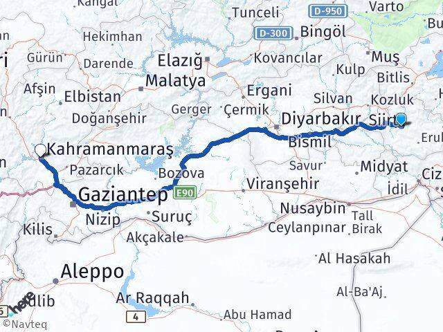 Siirt Onikişubat Kahramanmaraş Arası Kaç Km - Yol Haritası