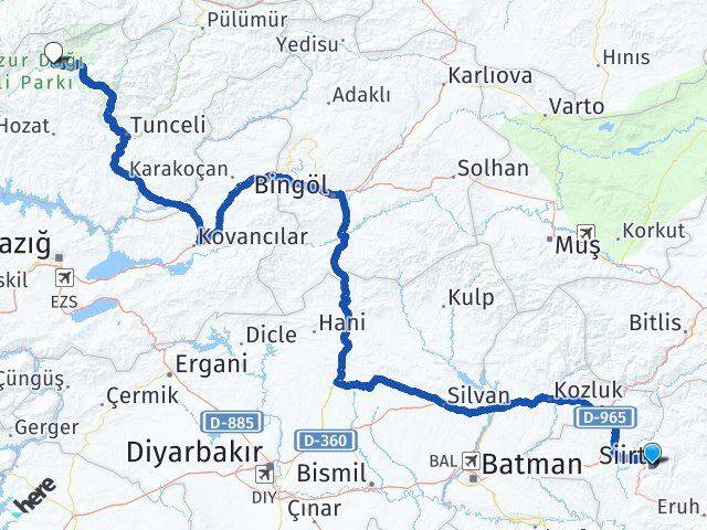 Siirt Ovacık Tunceli Arası Kaç Km - Yol Haritası